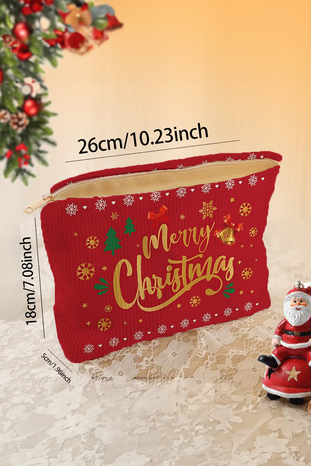 Fiery Red Christmas Fashion Print Corduroy Zip Up Cosmetic Bag