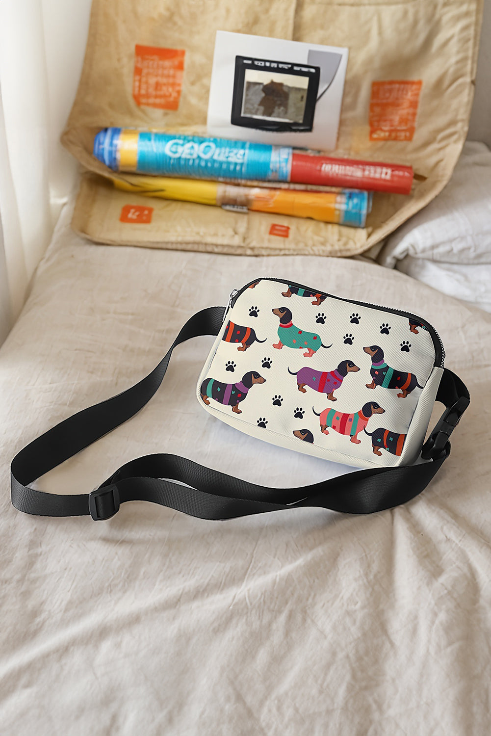 White Dachshund Walking Footprint PU Crossbody Bag