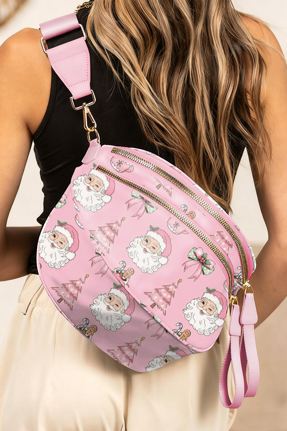 Pink Christmas Graphic Double Zip Crossbody Bag