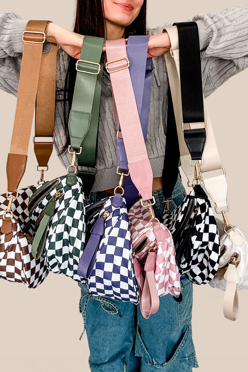 Pink Checkered Print Wide Strap Large Crossbody Bag