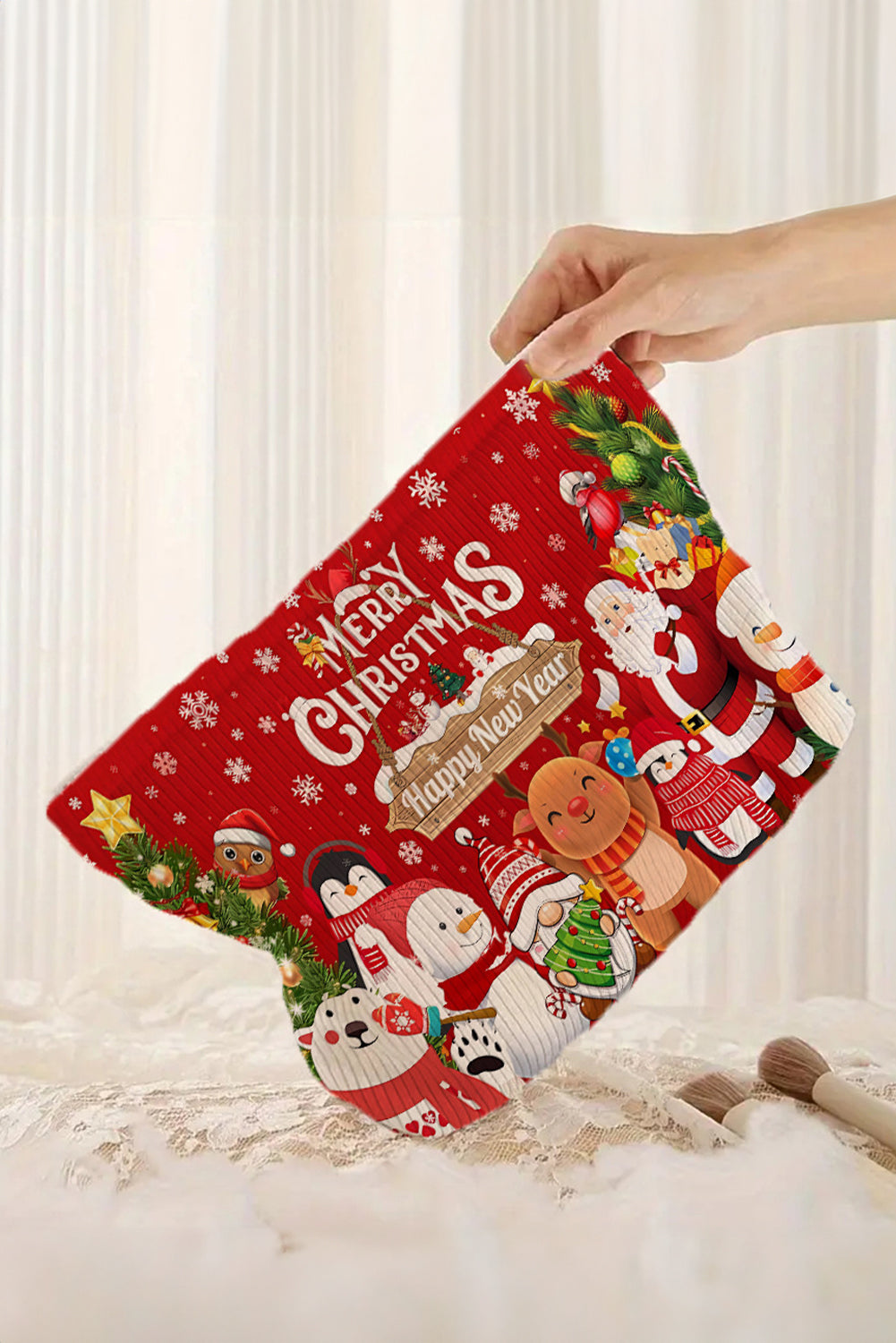 Fiery Red Christmas Zipper Corduroy Makeup Bag