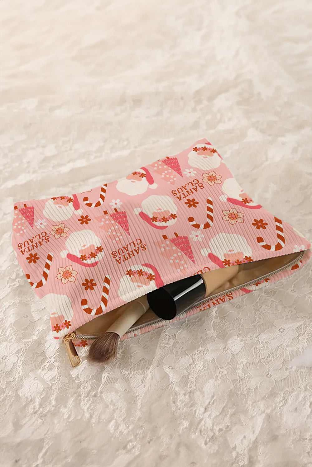 Pink Christmas Santa Claus Corduroy Zip Up Cosmetic Bag