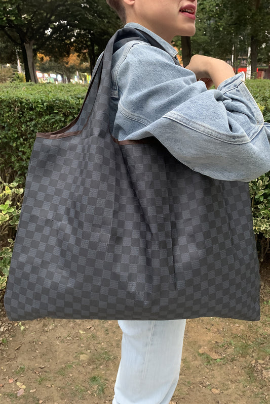 Black Checkered Print Large Foldable Tote Bag
