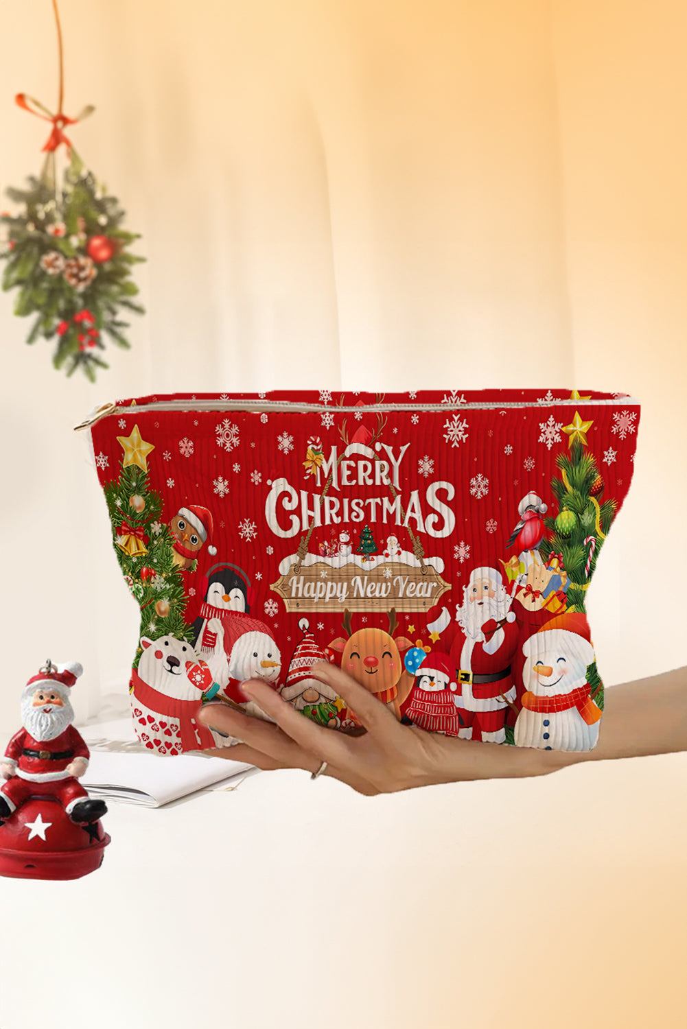 Fiery Red Christmas Zipper Corduroy Makeup Bag